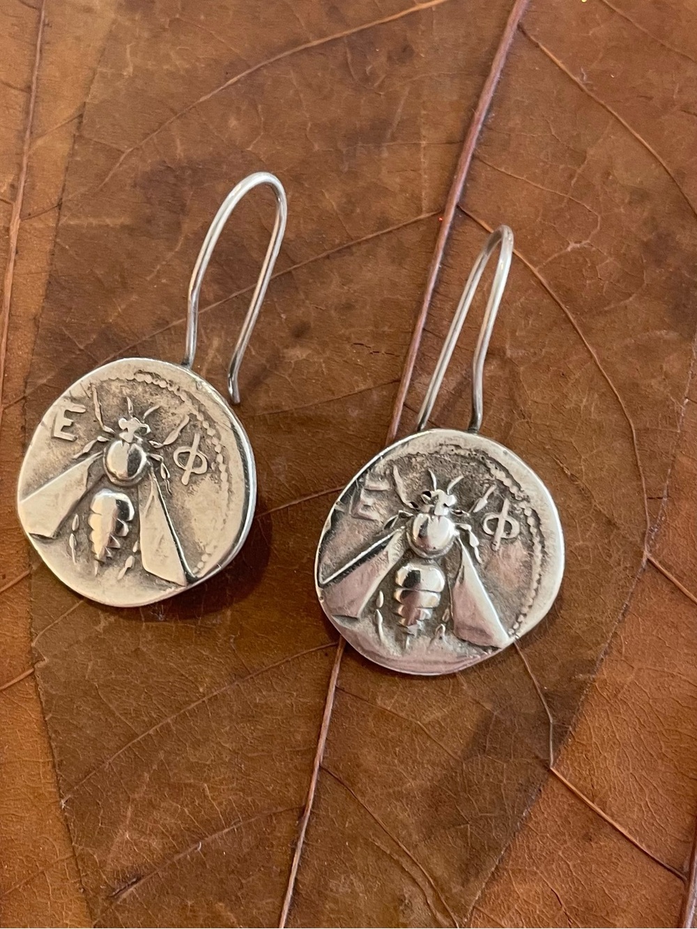 Vintage Ancient Greek Ephesus Bee Replica Coin 916 Silver Dangle Earrings